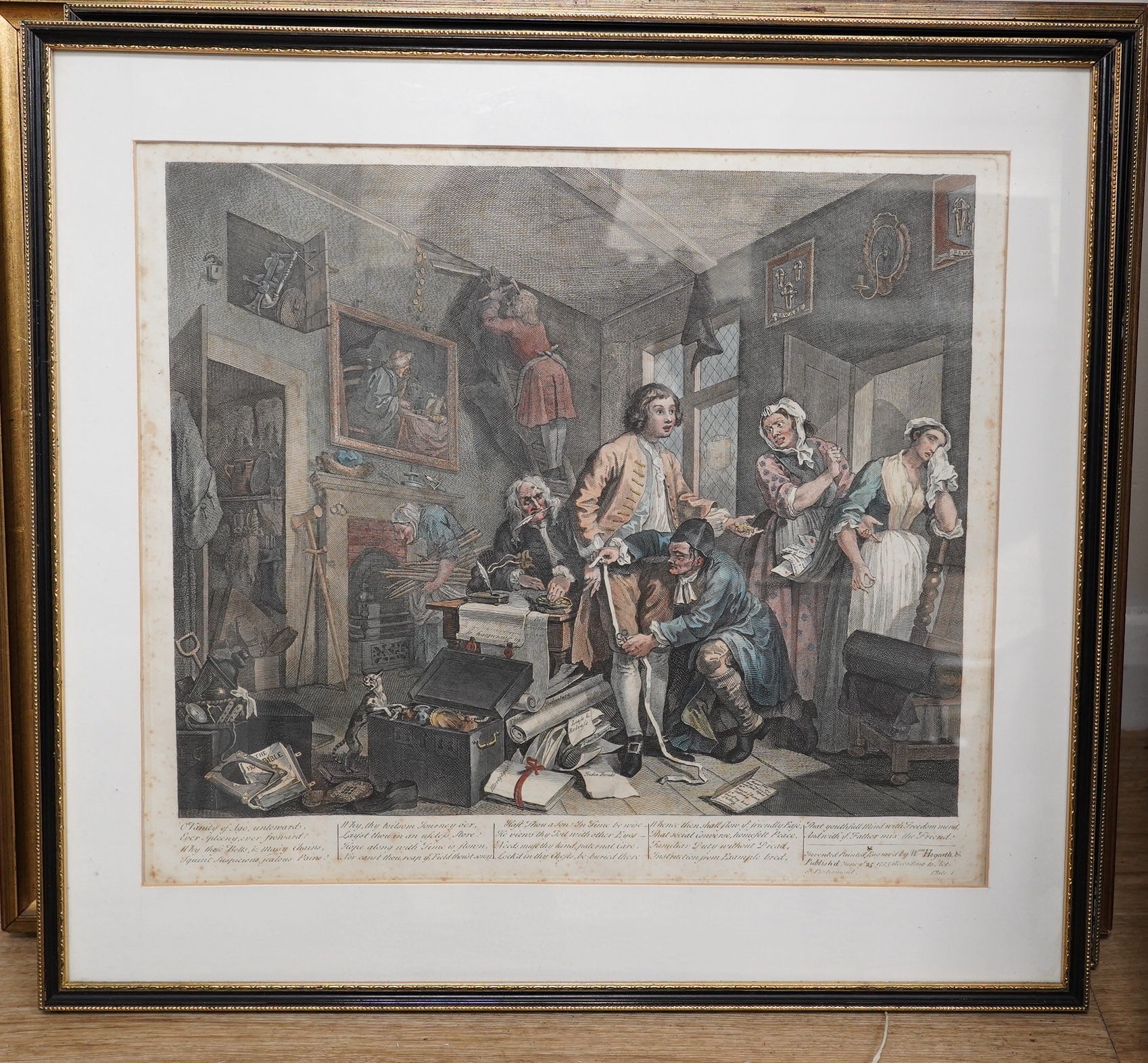 After William Hogarth (1697-1764), Eight satirical hand coloured engravings, ‘The Rakes Progress’, published June 25th 1735, largest 36 x 41cm. Condition - poor, fair, foxing throughout